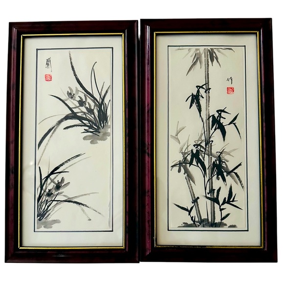 FRAMED CHINESE INK BRUSH PAINTINGS - Picture 1 of 2